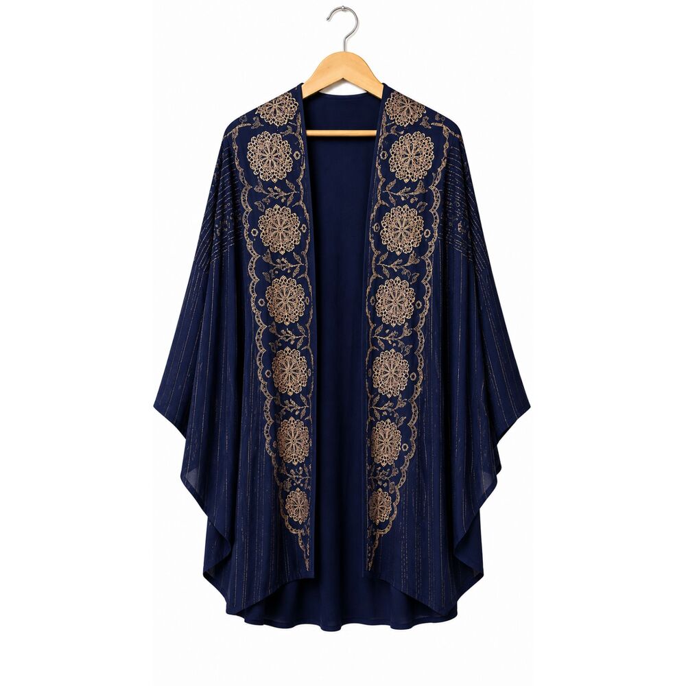 NEW Gigio M 8 10 Navy Blue Taupe Embroidered Eyelet Detail Rayon Cocoon Jacket - Picture 2 of 8